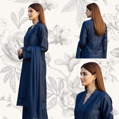 Woman wearing a navy blue outfit with floral background