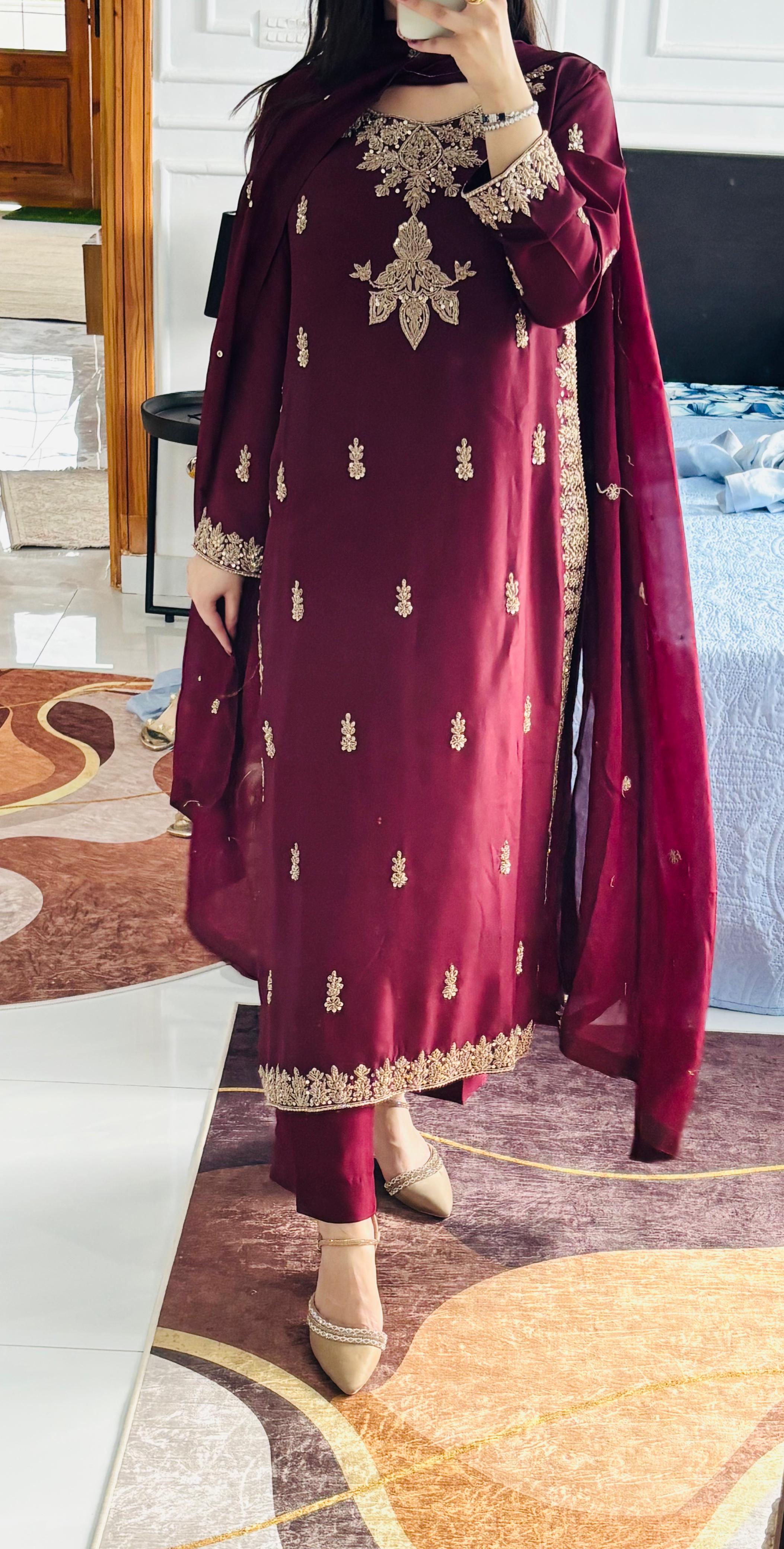 Maroon Meher Dabka Silk Suit