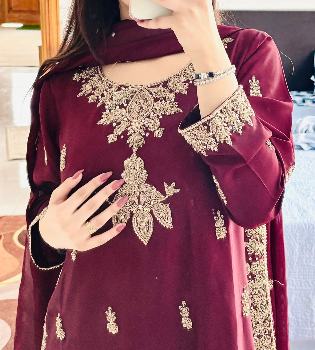 Maroon Meher Dabka Silk Suit