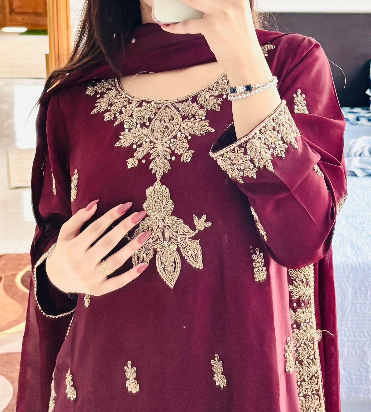 Maroon Meher Dabka Silk Suit