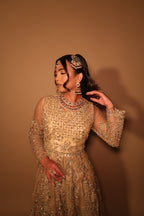 Kissa | Golden Hand-Embellished Net Pishwas Maxi Gown with Kora, Dabka & Nakshi Work