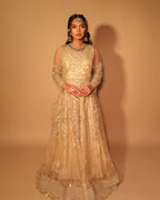 Kissa | Golden Hand-Embellished Net Pishwas Maxi Gown with Kora, Dabka & Nakshi Work