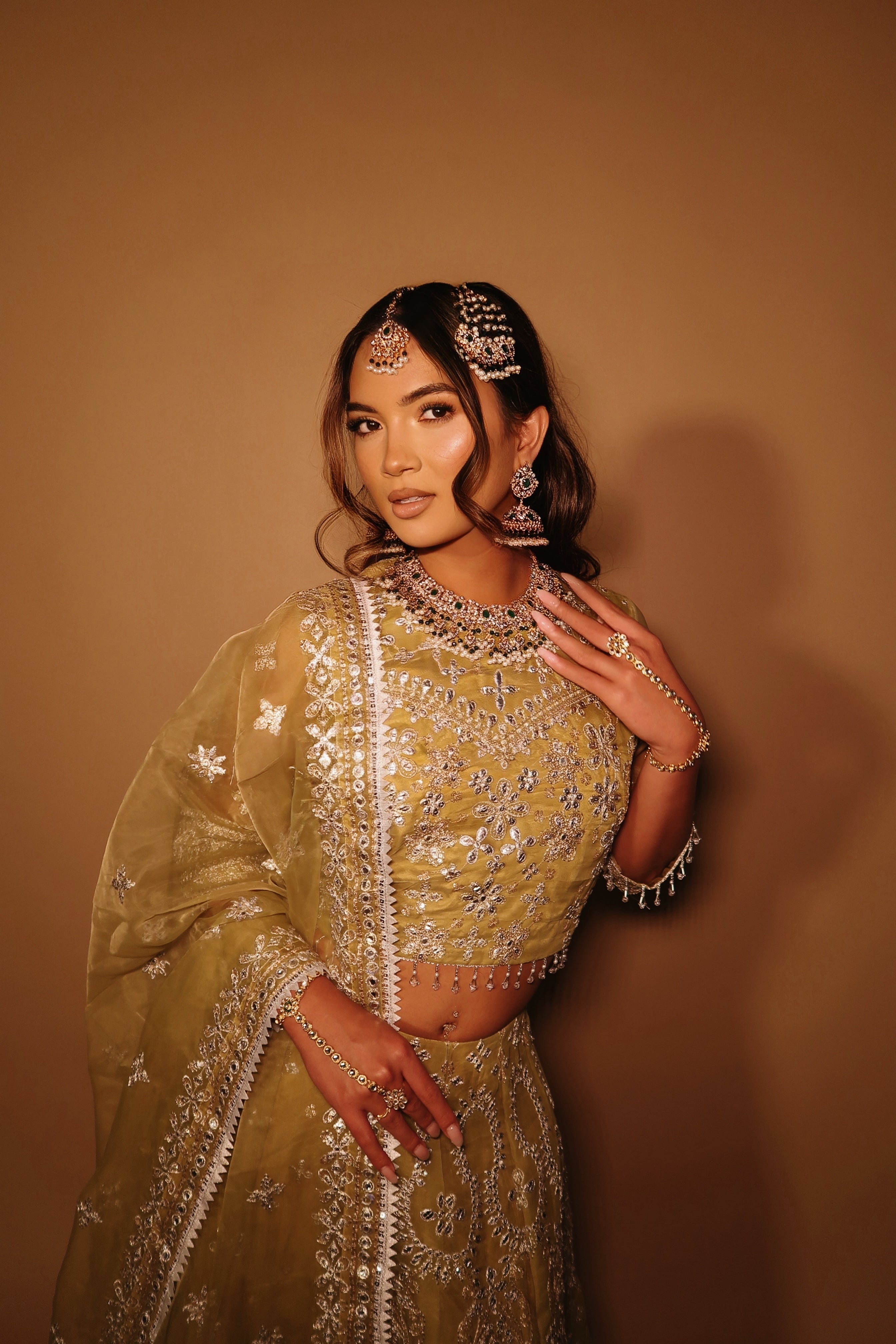 Olive Lehnga Choli | Silver Embroidered Organza 3-Piece Formal Set | NajmaDesigns & Co.