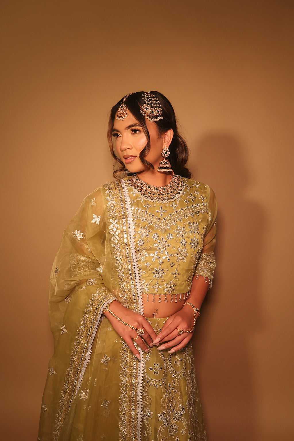 Olive Lehnga Choli | Silver Embroidered Organza 3-Piece Formal Set | NajmaDesigns & Co.