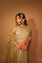 Olive Lehnga Choli | Silver Embroidered Organza 3-Piece Formal Set | NajmaDesigns & Co.