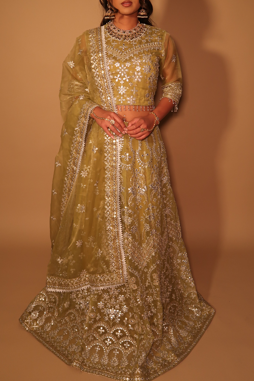 Olive Lehnga Choli | Silver Embroidered Organza 3-Piece Formal Set | NajmaDesigns & Co.