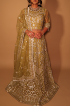 Olive Lehnga Choli | Silver Embroidered Organza 3-Piece Formal Set | NajmaDesigns & Co.