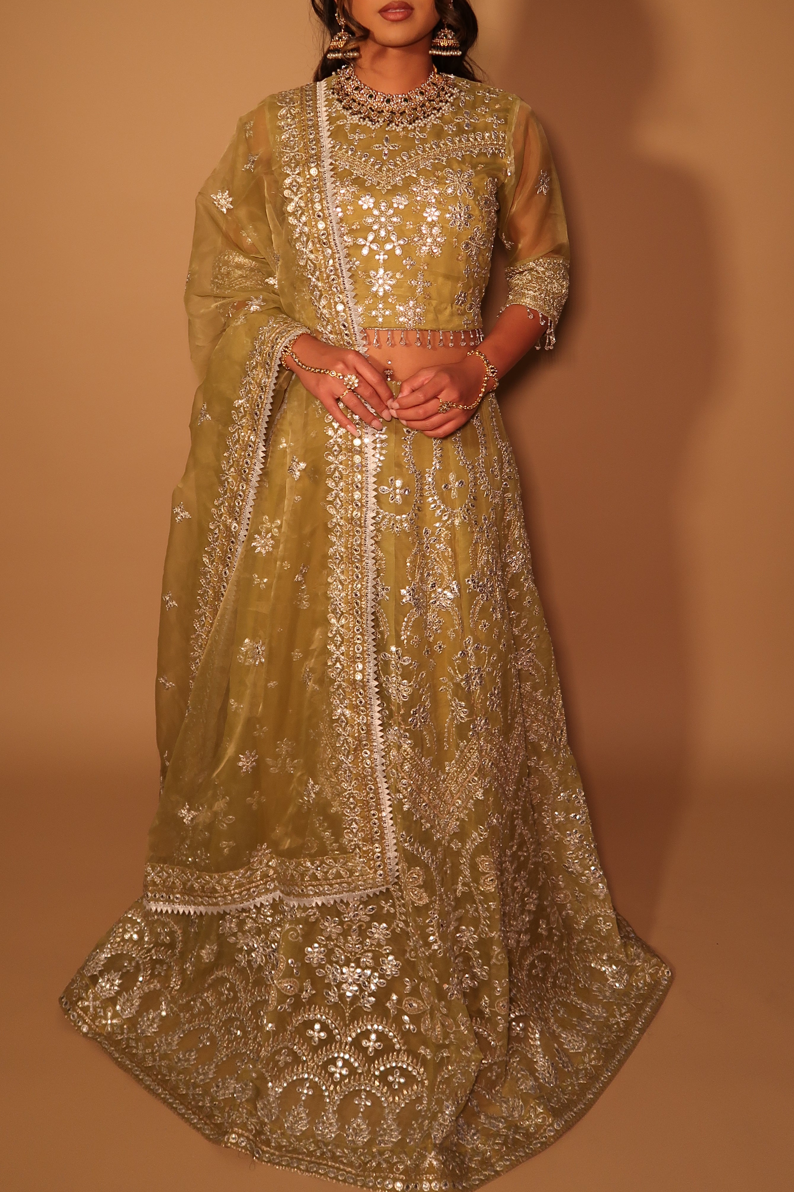 Olive Lehnga Choli | Silver Embroidered Organza 3-Piece Formal Set | NajmaDesigns & Co.