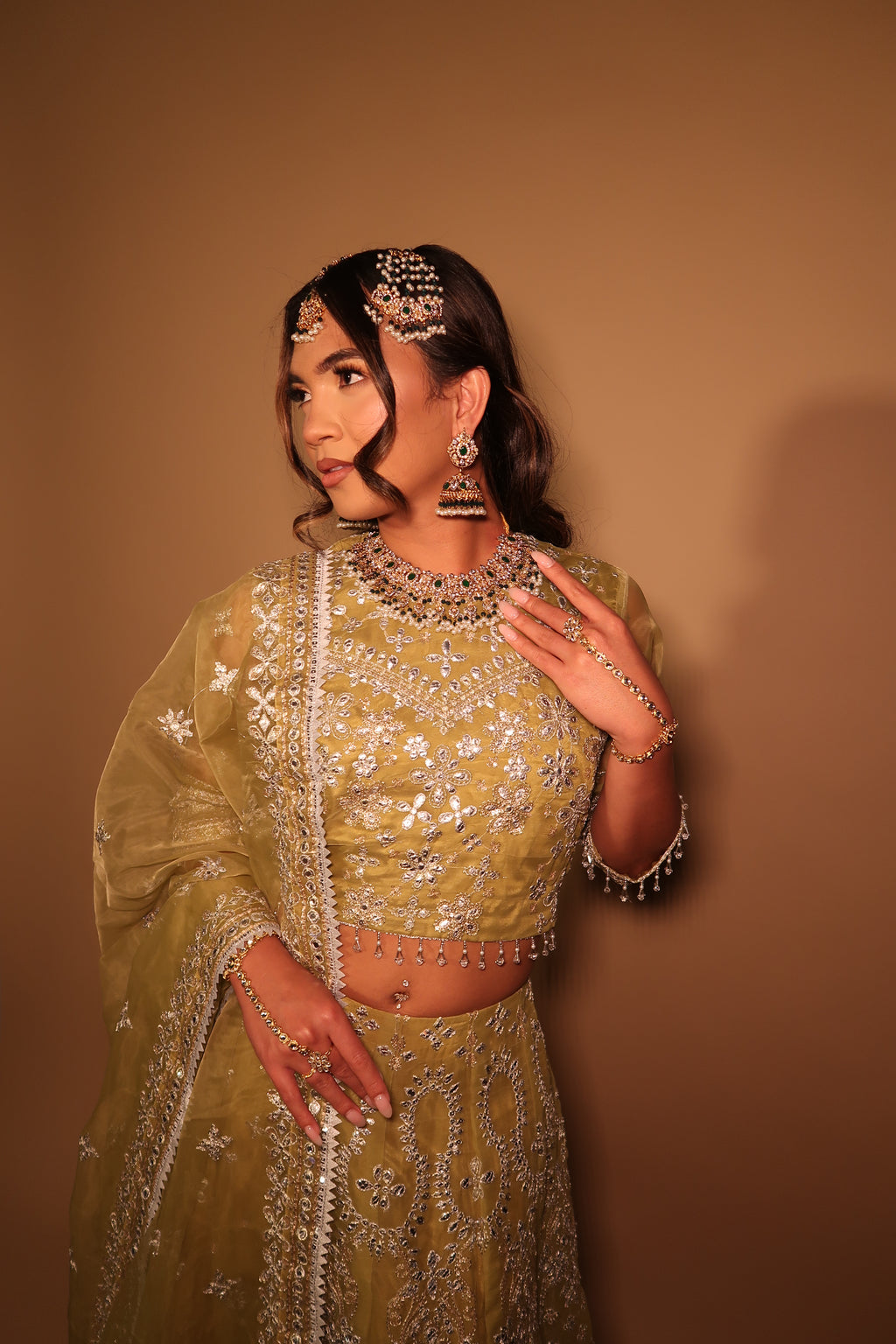 Olive Lehnga Choli | Silver Embroidered Organza 3-Piece Formal Set | NajmaDesigns & Co.