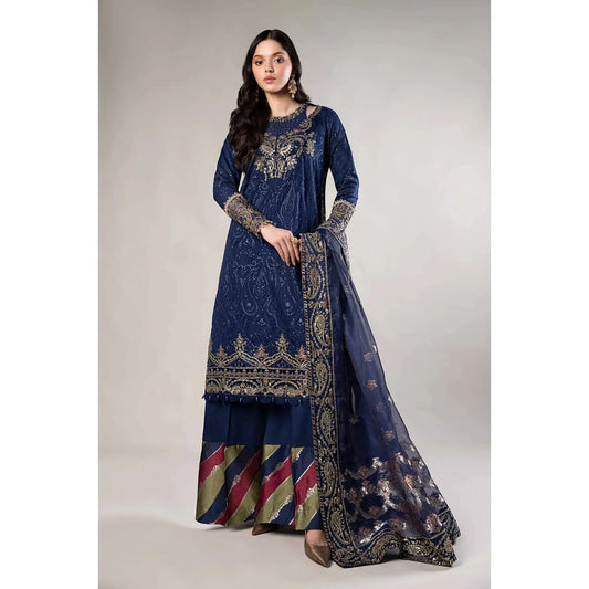 Maria B | 3 Piece Embroidered Cotton Satin Suit | Dark Blue