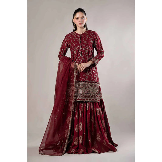 Maria B | 3 Piece Embroidered Cotton Satin Suit | Maroon