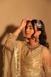 Kissa | Golden Hand-Embellished Net Pishwas Maxi Gown with Kora, Dabka & Nakshi Work