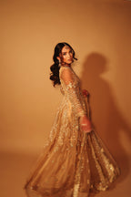 Kissa | Golden Hand-Embellished Net Pishwas Maxi Gown with Kora, Dabka & Nakshi Work