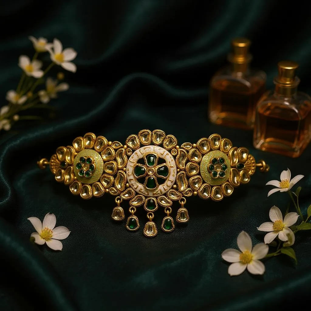 Gold bracelet with green stones on a dark fabric background with flowers and perfume bottles.