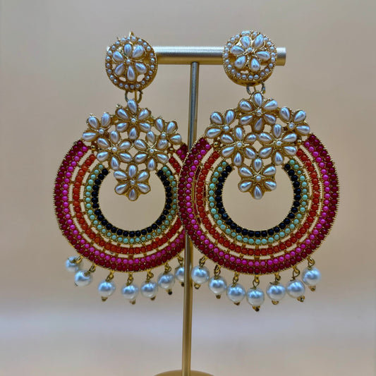 Rainbow color earrings with pearl flowers, perfect for Ramadan, Eid, and festive occasions
