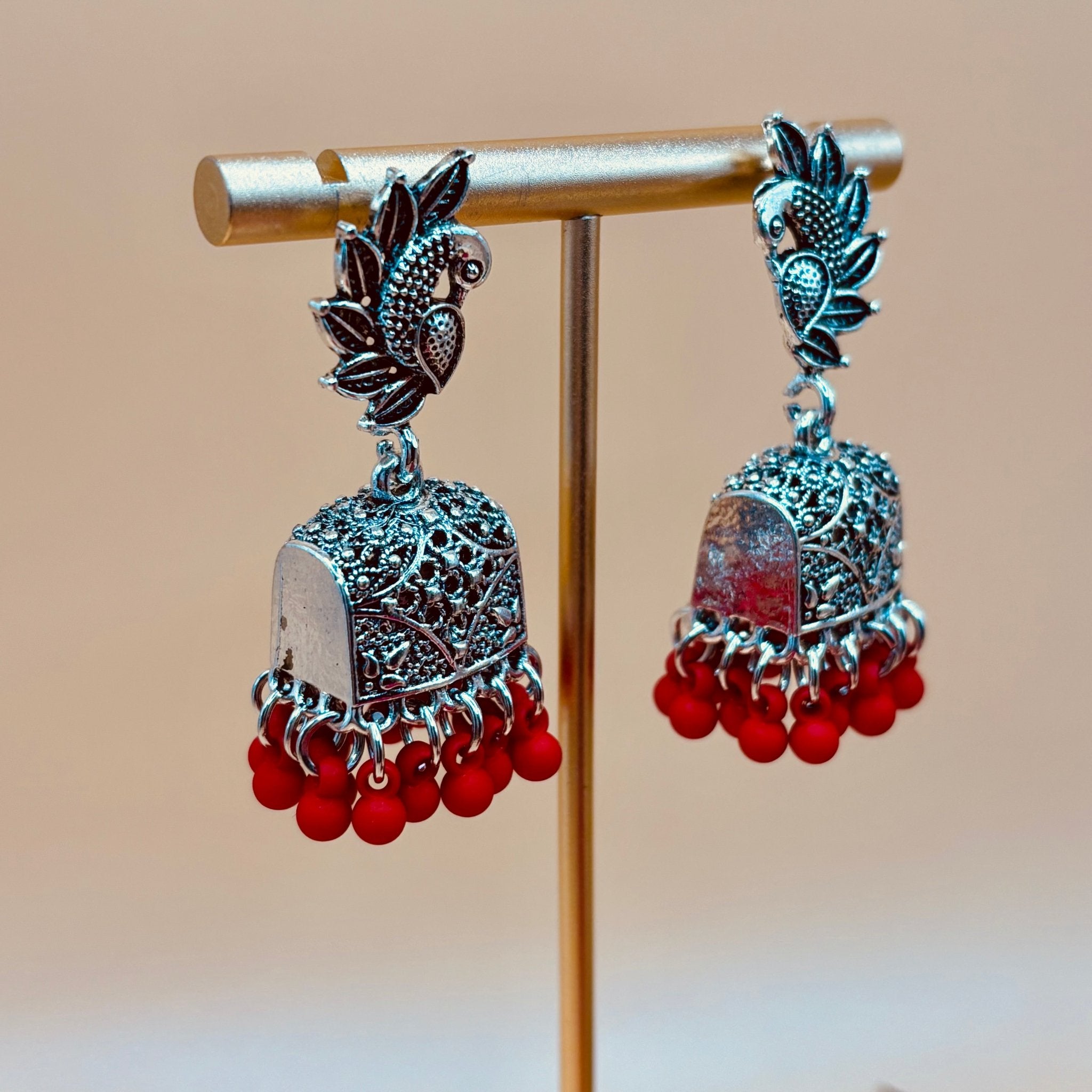  Silver Moor-inspired Jhumkas with rainbow and red beads, perfect for Eid, weddings, and festive wear