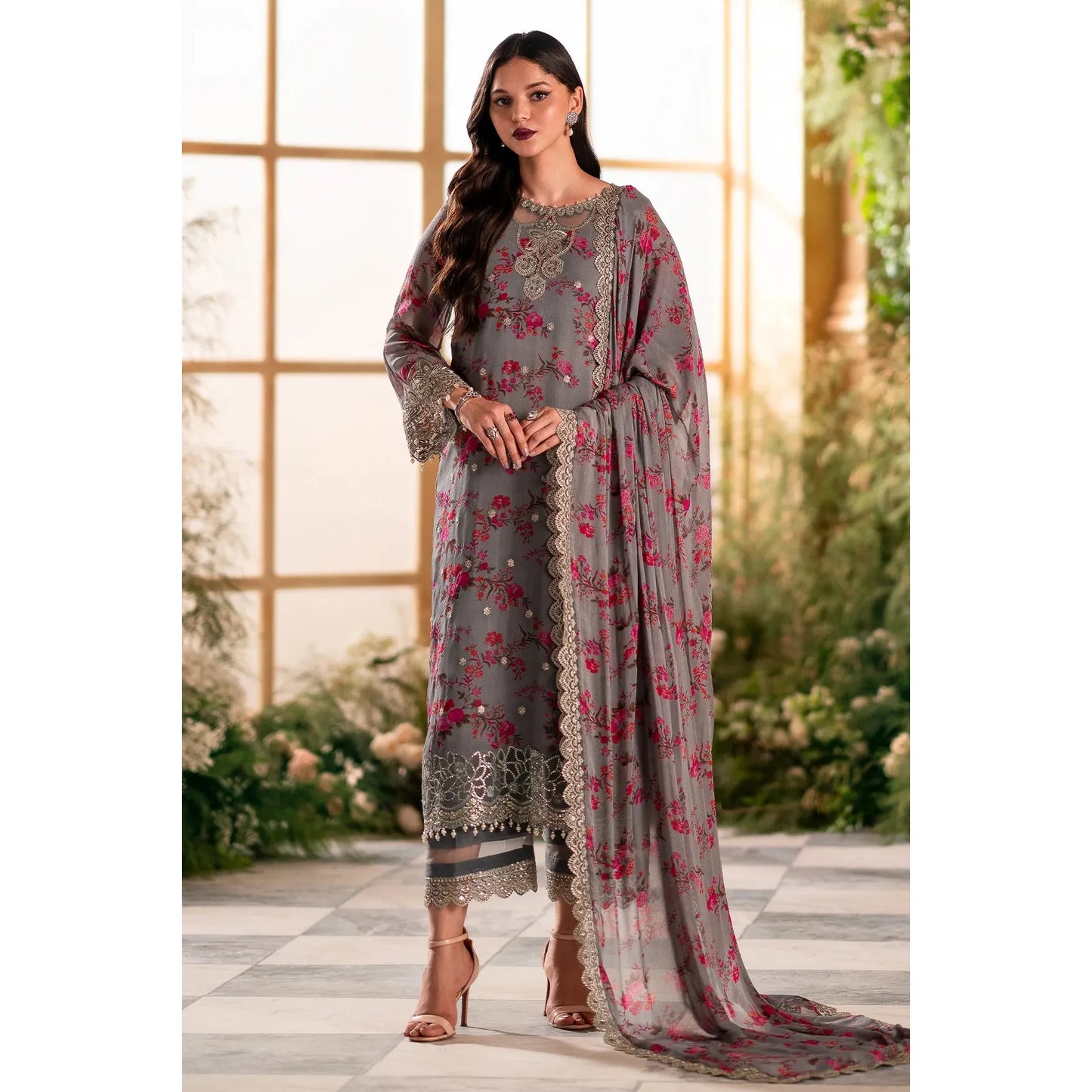 Charizma - 3-PC Stitched Embroidered Chiffon - Black & pink