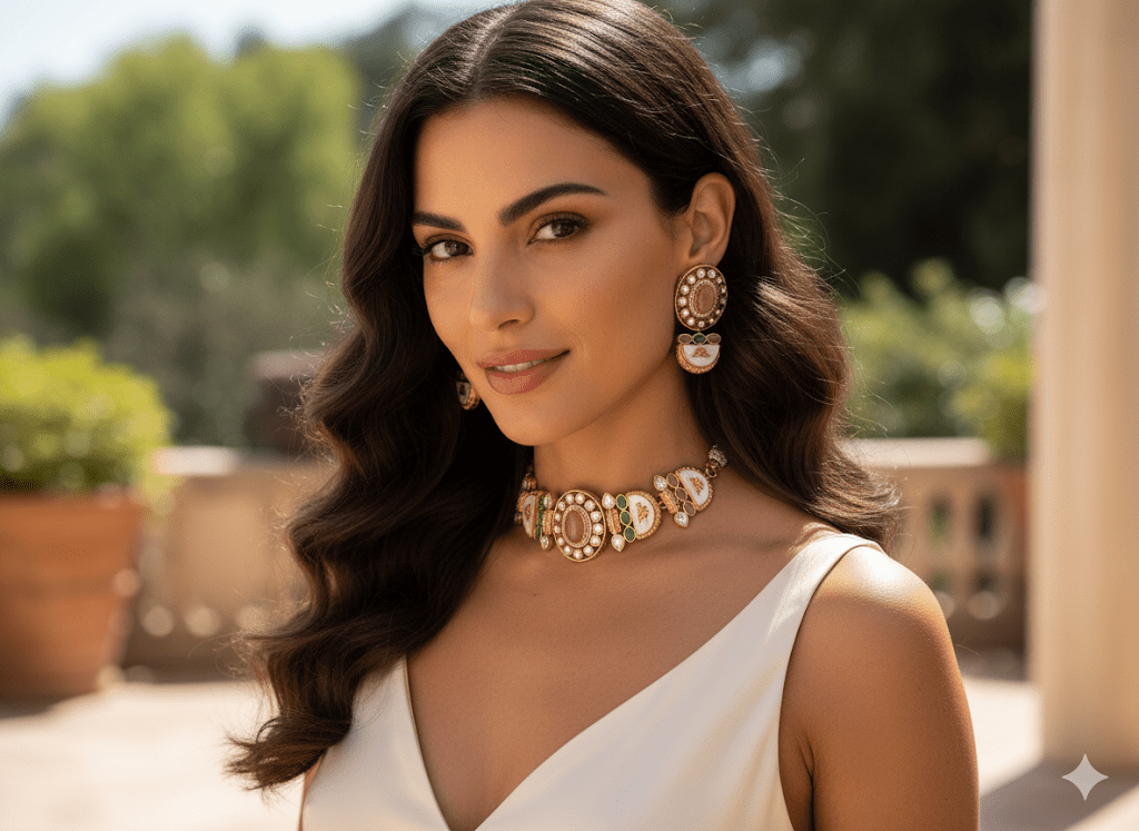 • Clothing: Embroidered/Printed suit for women - Made of best quality fabric - lawn or linen or chiffon - pure silk - Available at Najma Designs & Co. • Jewelry: Gold - plated stud earrings for