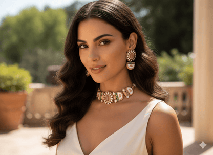 • Clothing: Embroidered/Printed suit for women - Made of best quality fabric - lawn or linen or chiffon - pure silk - Available at Najma Designs & Co. • Jewelry: Gold - plated stud earrings for