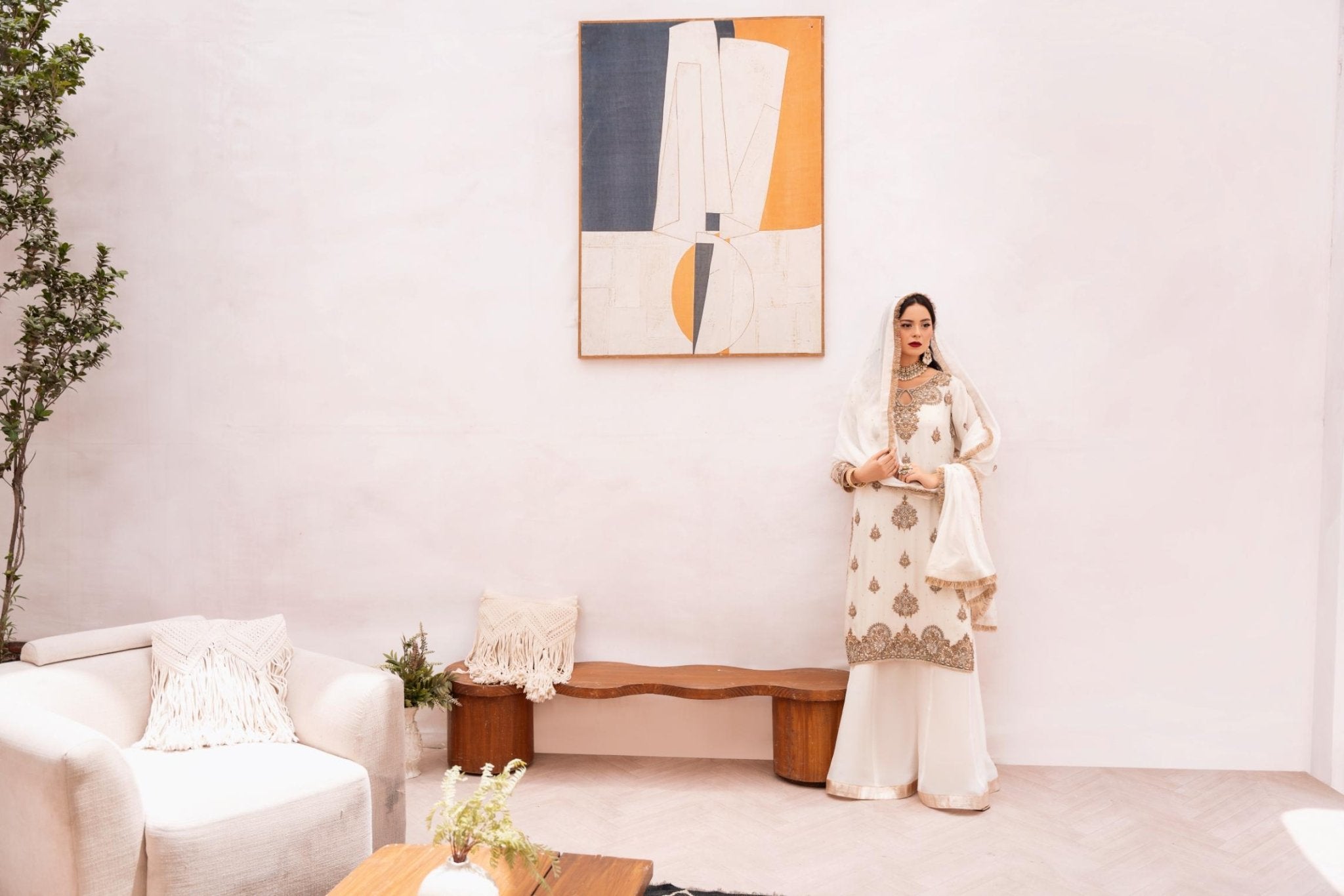• Clothing: Embroidered/Printed suit for women - Made of best quality fabric - lawn or linen or chiffon - pure silk - Available at Najma Designs & Co. • Jewelry: Gold - plated stud earrings for
