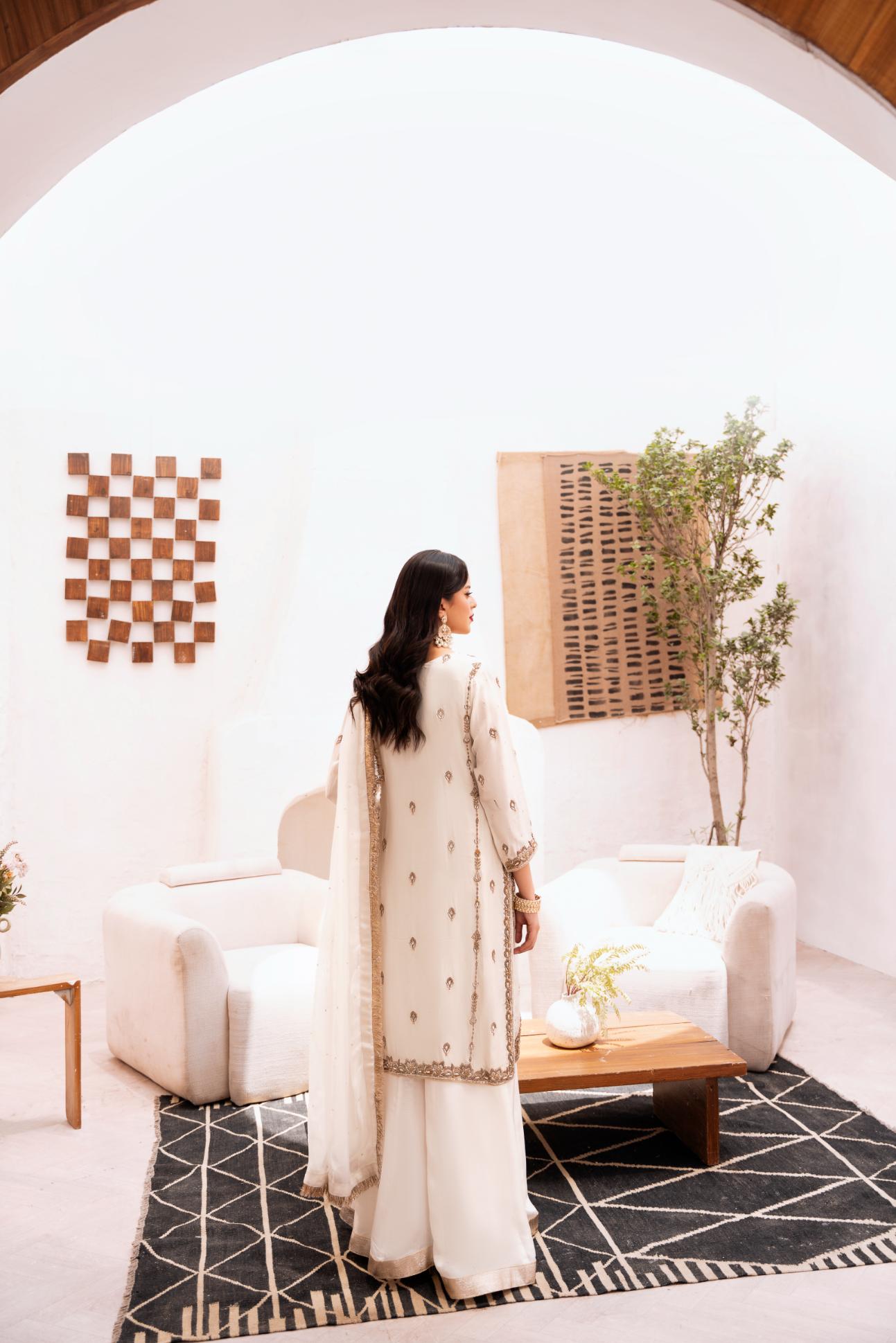 • Clothing: Embroidered/Printed suit for women - Made of best quality fabric - lawn or linen or chiffon - pure silk - Available at Najma Designs & Co. • Jewelry: Gold - plated stud earrings for