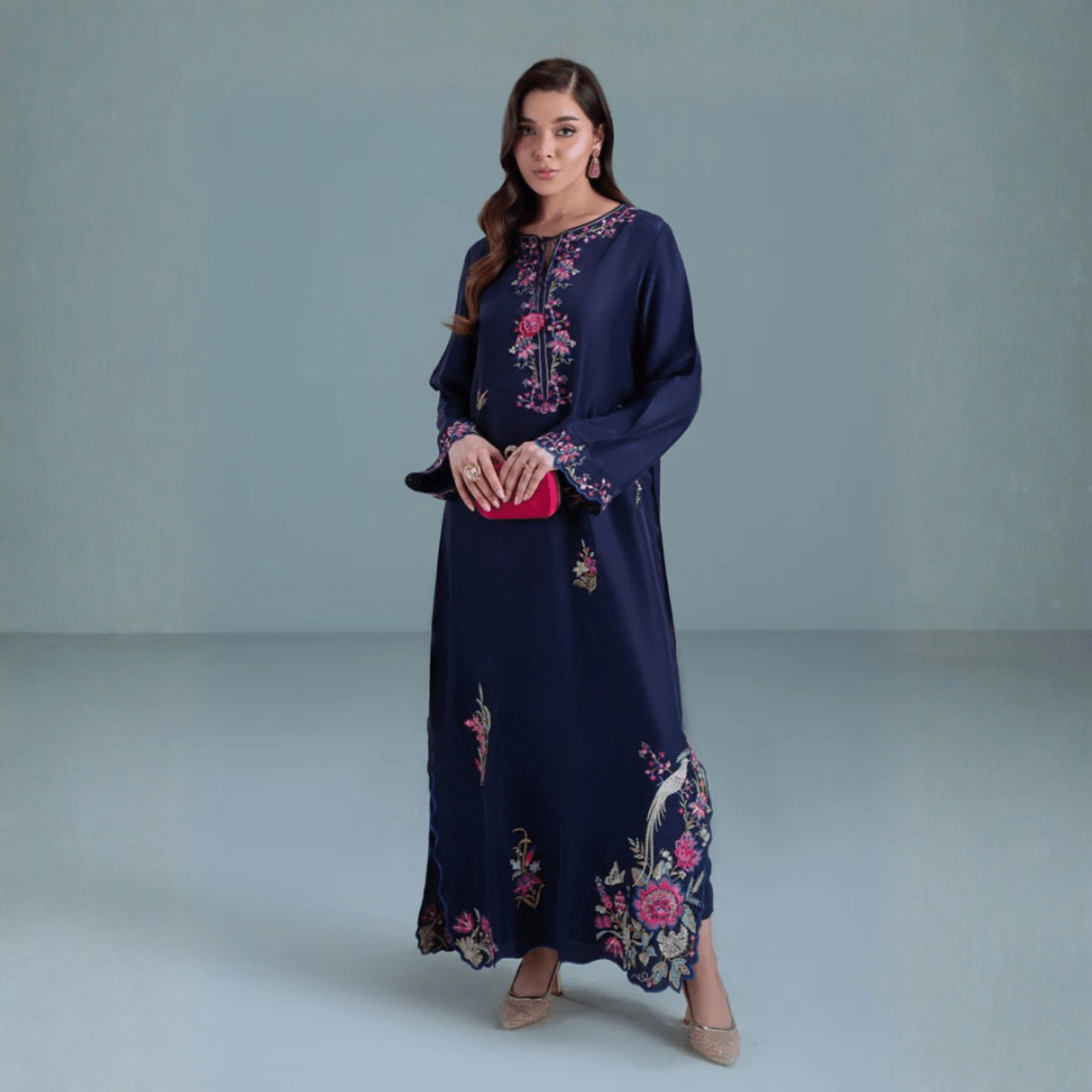 • Clothing: Embroidered/Printed suit for women - Made of best quality fabric - lawn or linen or chiffon - pure silk - Available at Najma Designs & Co. • Jewelry: Gold - plated stud earrings for