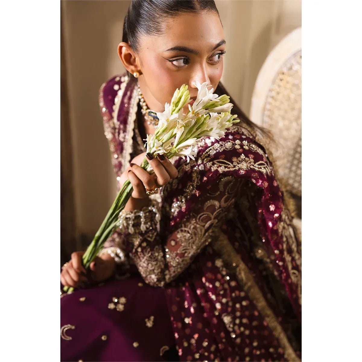 • Clothing: Embroidered/Printed suit for women - Made of best quality fabric - lawn or linen or chiffon - pure silk - Available at Najma Designs & Co. • Jewelry: Gold - plated stud earrings for
