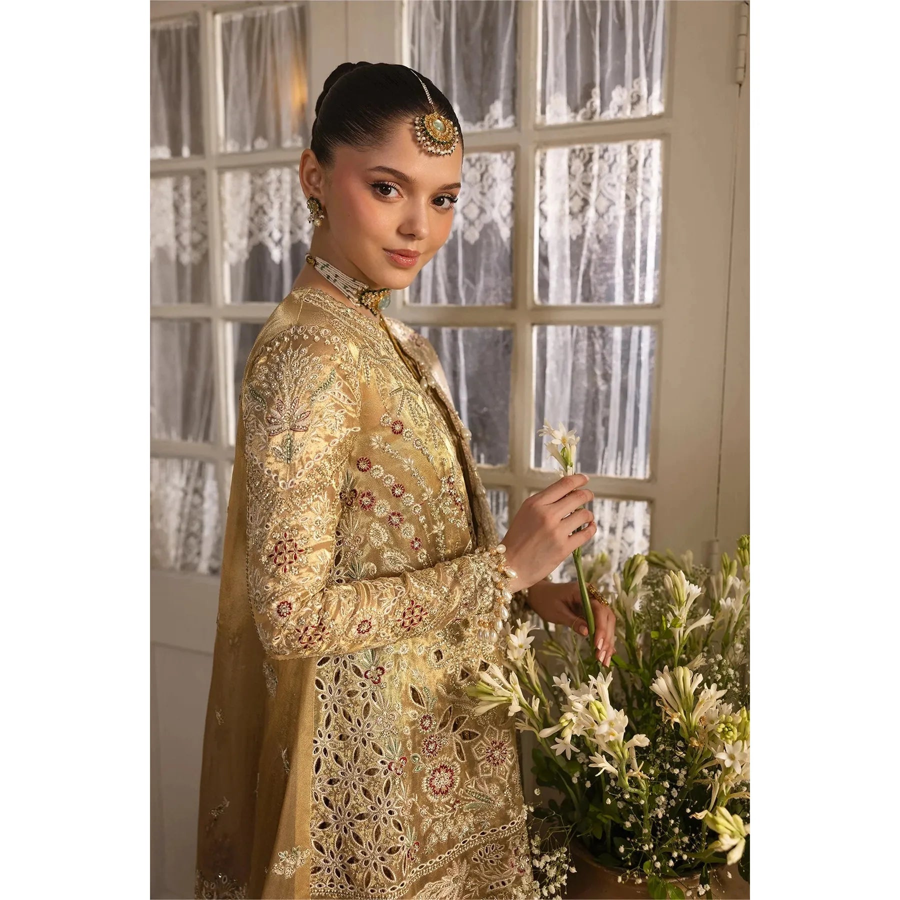 • Clothing: Embroidered/Printed suit for women - Made of best quality fabric - lawn or linen or chiffon - pure silk - Available at Najma Designs & Co. • Jewelry: Gold - plated stud earrings for