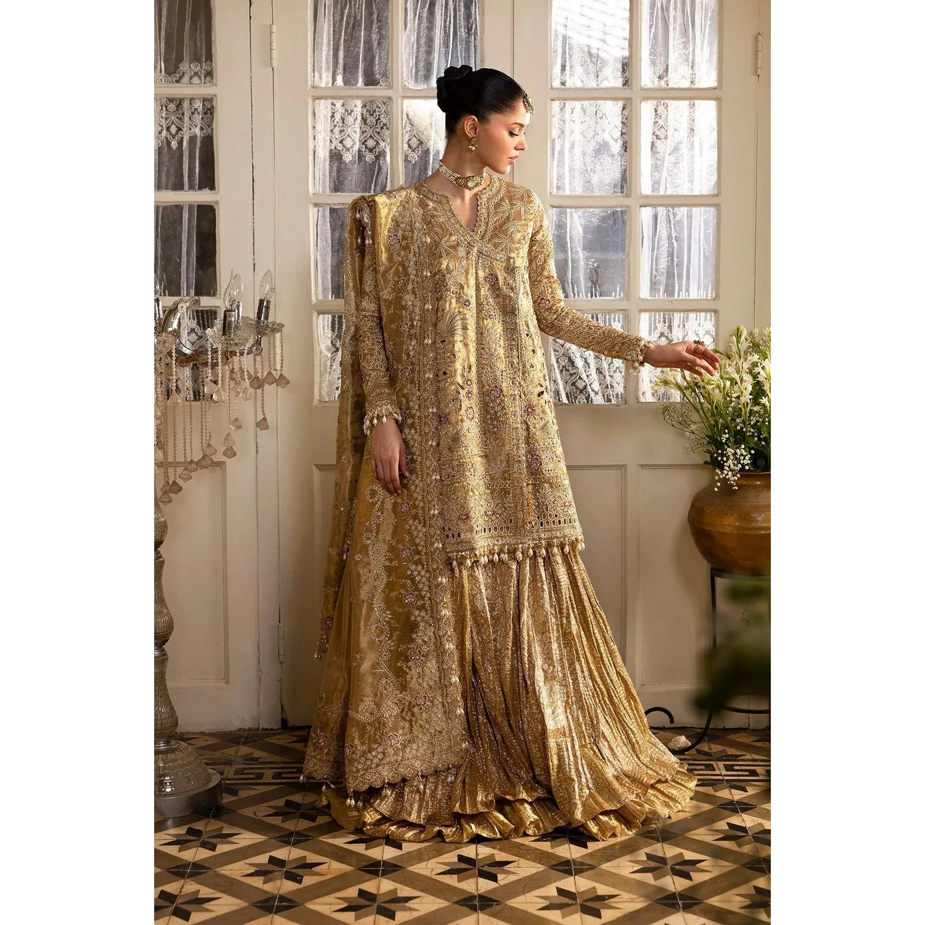 • Clothing: Embroidered/Printed suit for women - Made of best quality fabric - lawn or linen or chiffon - pure silk - Available at Najma Designs & Co. • Jewelry: Gold - plated stud earrings for