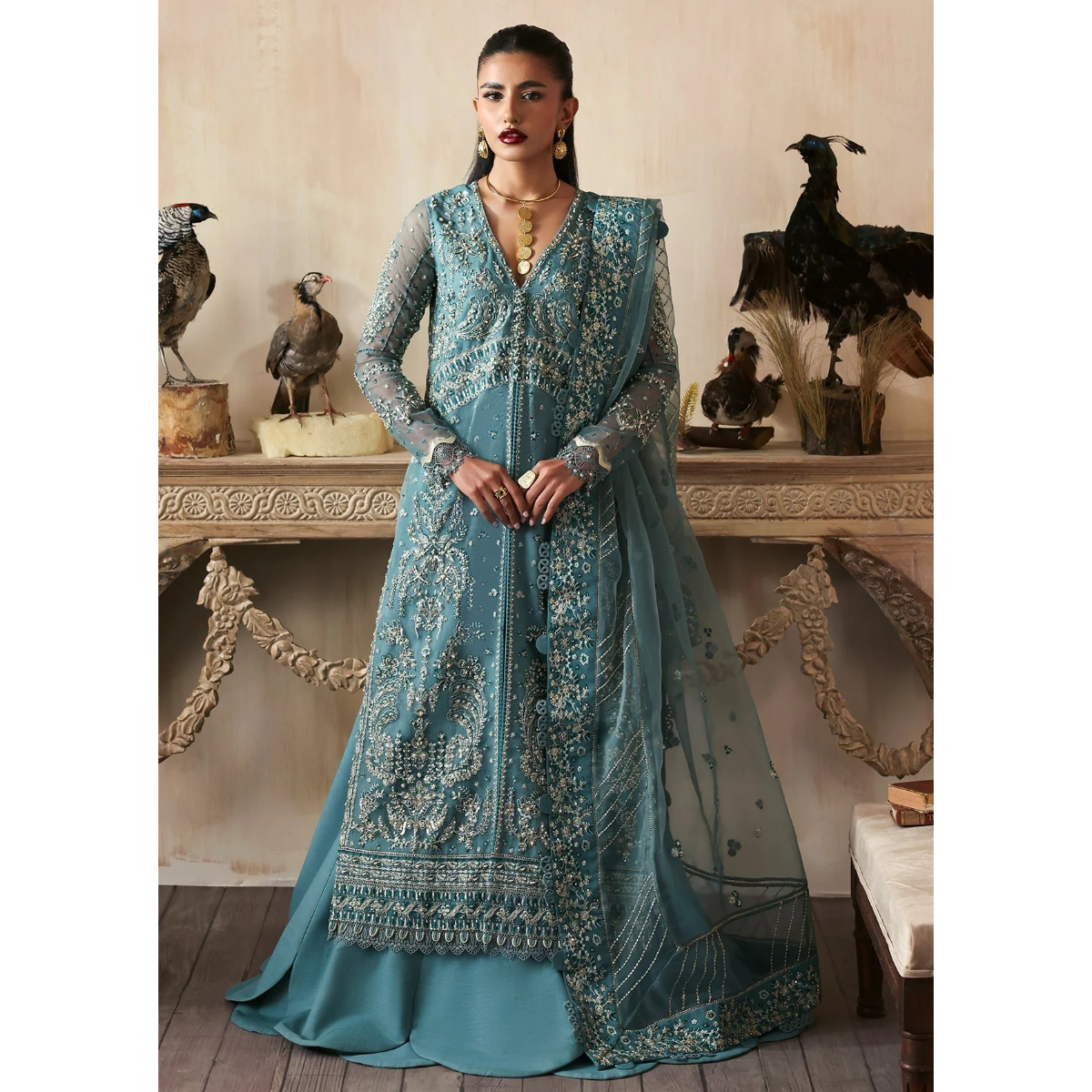 • Clothing: Embroidered/Printed suit for women - Made of best quality fabric - lawn or linen or chiffon - pure silk - Available at Najma Designs & Co. • Jewelry: Gold - plated stud earrings for