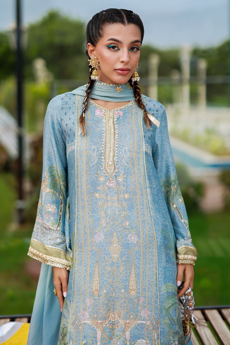 • Clothing: Embroidered/Printed suit for women - Made of best quality fabric - lawn or linen or chiffon - pure silk - Available at Najma Designs & Co. • Jewelry: Gold - plated stud earrings for
