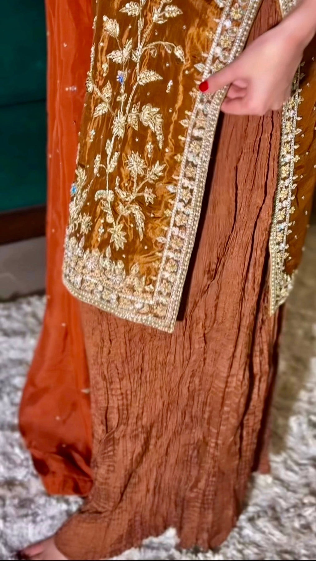 • Clothing: Embroidered/Printed suit for women - Made of best quality fabric - lawn or linen or chiffon - pure silk - Available at Najma Designs & Co. • Jewelry: Gold - plated stud earrings for