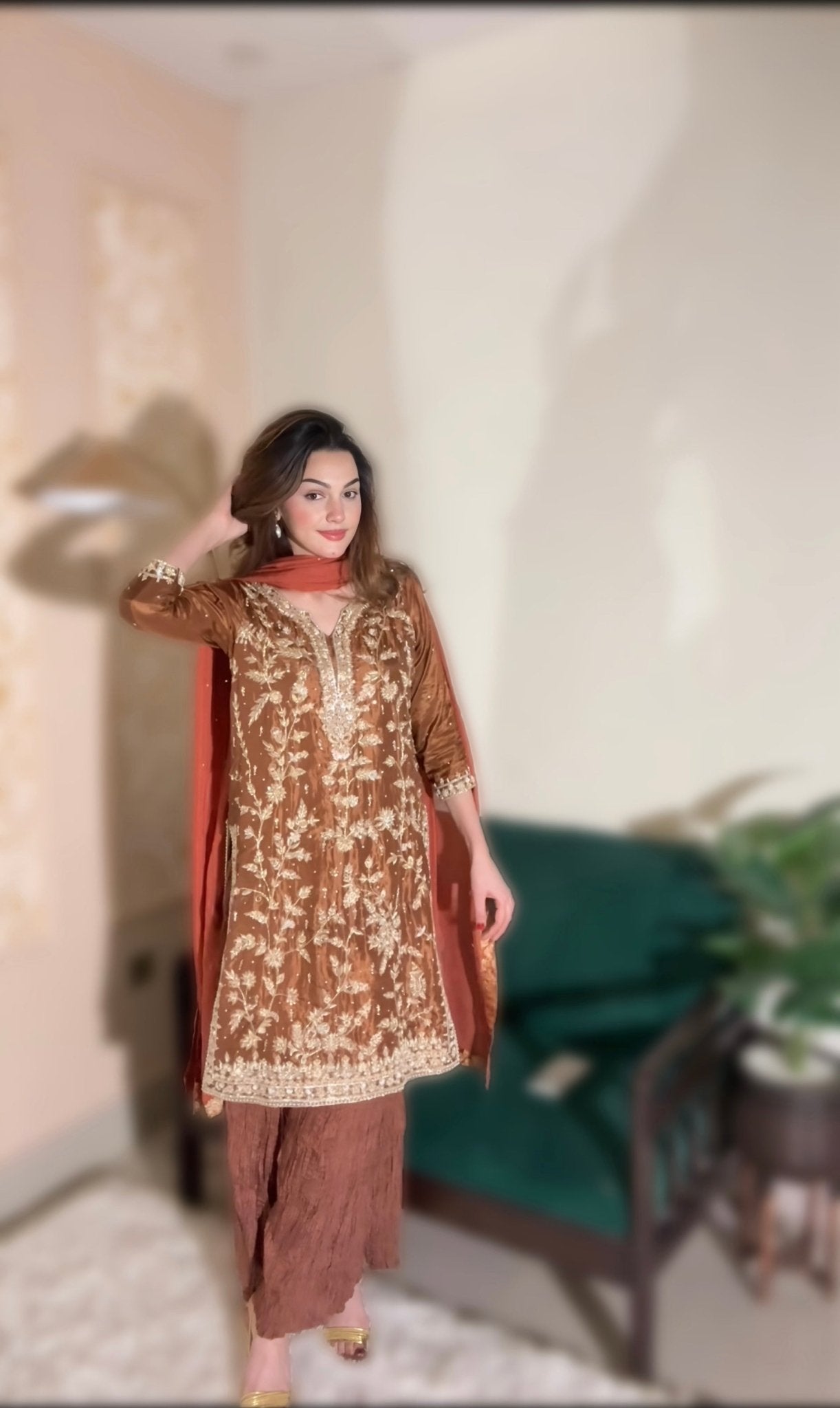 • Clothing: Embroidered/Printed suit for women - Made of best quality fabric - lawn or linen or chiffon - pure silk - Available at Najma Designs & Co. • Jewelry: Gold - plated stud earrings for