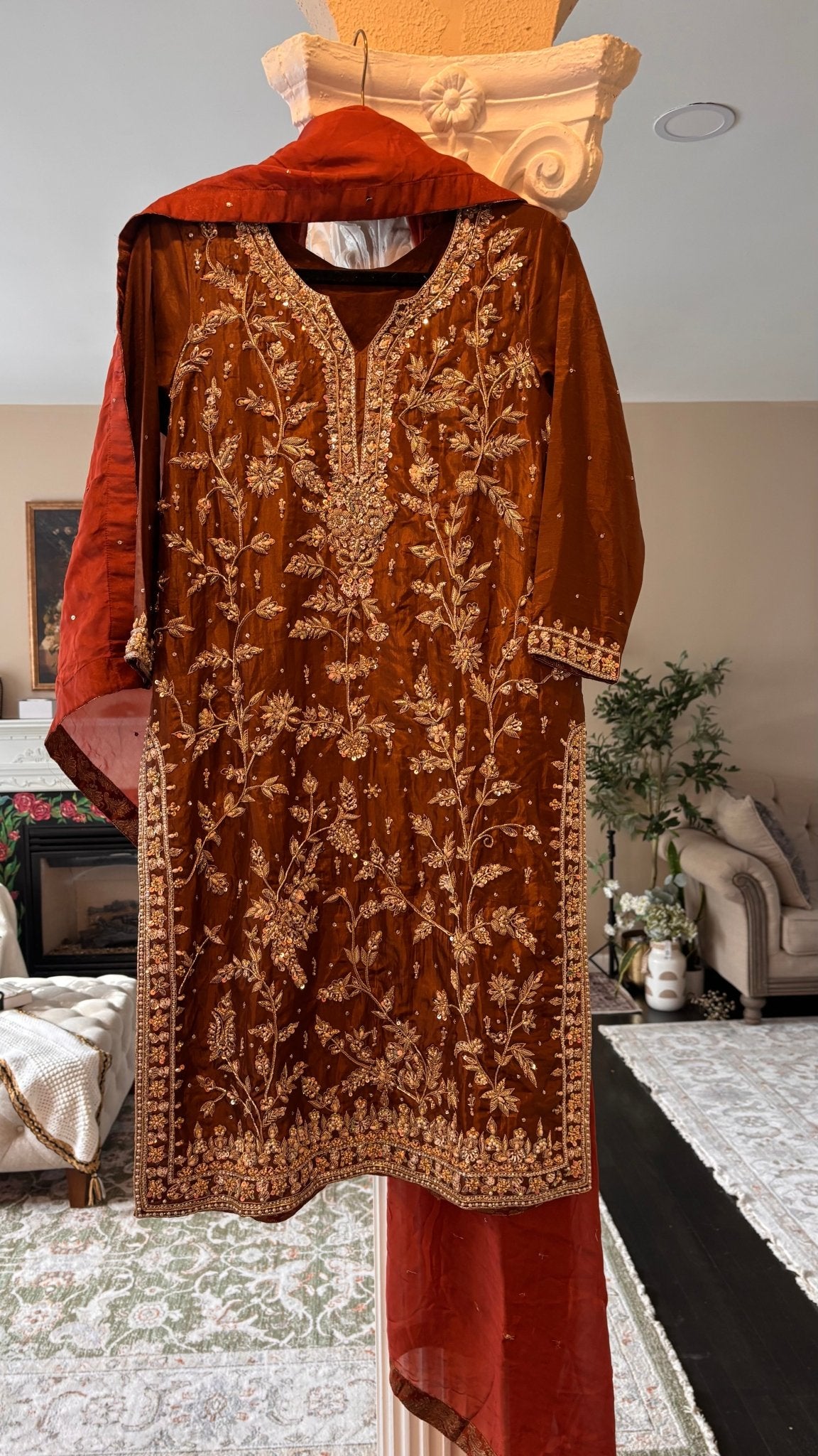 • Clothing: Embroidered/Printed suit for women - Made of best quality fabric - lawn or linen or chiffon - pure silk - Available at Najma Designs & Co. • Jewelry: Gold - plated stud earrings for