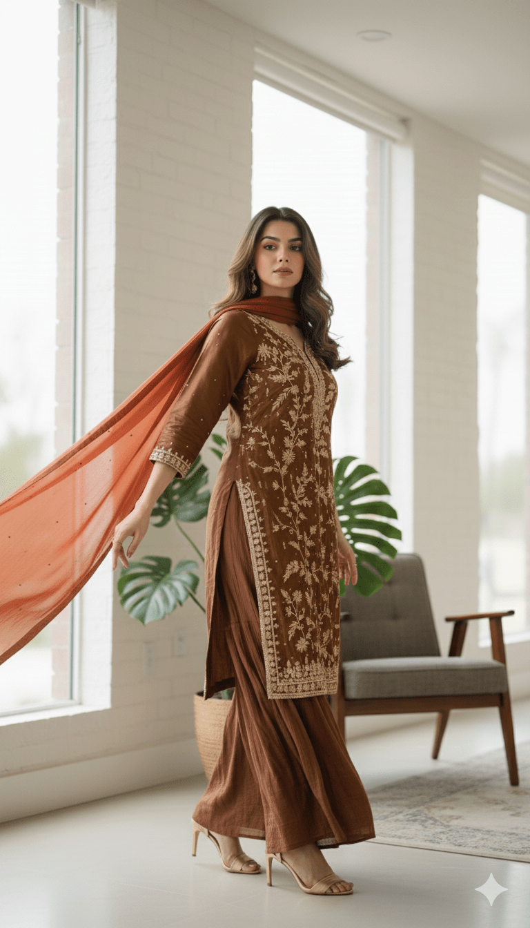 • Clothing: Embroidered/Printed suit for women - Made of best quality fabric - lawn or linen or chiffon - pure silk - Available at Najma Designs & Co. • Jewelry: Gold - plated stud earrings for