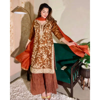 • Clothing: Embroidered/Printed suit for women - Made of best quality fabric - lawn or linen or chiffon - pure silk - Available at Najma Designs & Co. • Jewelry: Gold - plated stud earrings for