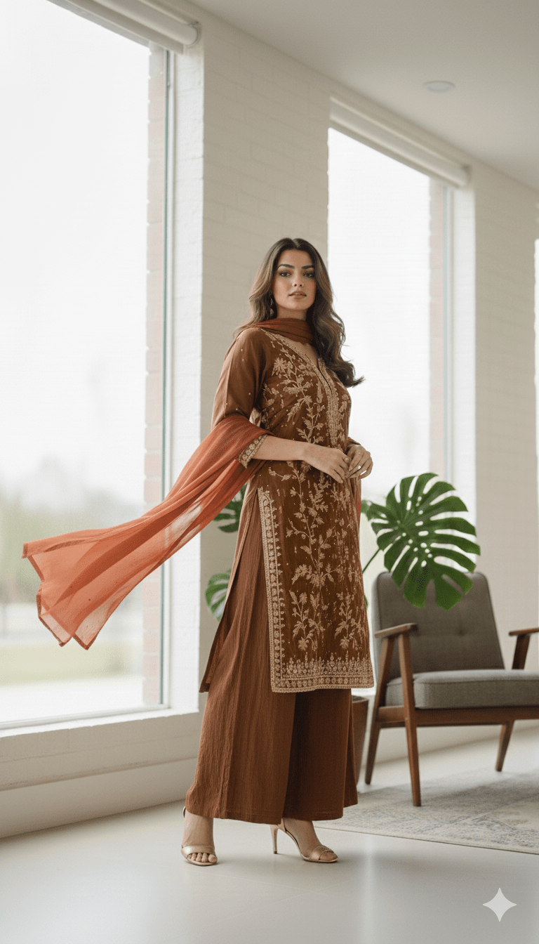 • Clothing: Embroidered/Printed suit for women - Made of best quality fabric - lawn or linen or chiffon - pure silk - Available at Najma Designs & Co. • Jewelry: Gold - plated stud earrings for