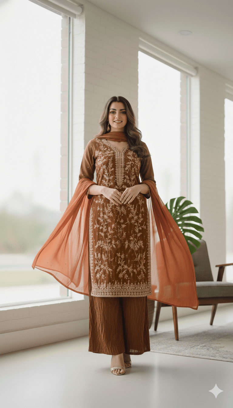 • Clothing: Embroidered/Printed suit for women - Made of best quality fabric - lawn or linen or chiffon - pure silk - Available at Najma Designs & Co. • Jewelry: Gold - plated stud earrings for