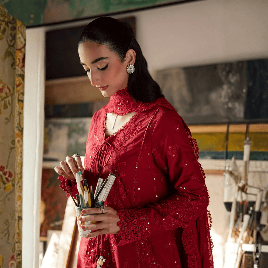 • Clothing: Embroidered/Printed suit for women - Made of best quality fabric - lawn or linen or chiffon - pure silk - Available at Najma Designs & Co. • Jewelry: Gold - plated stud earrings for