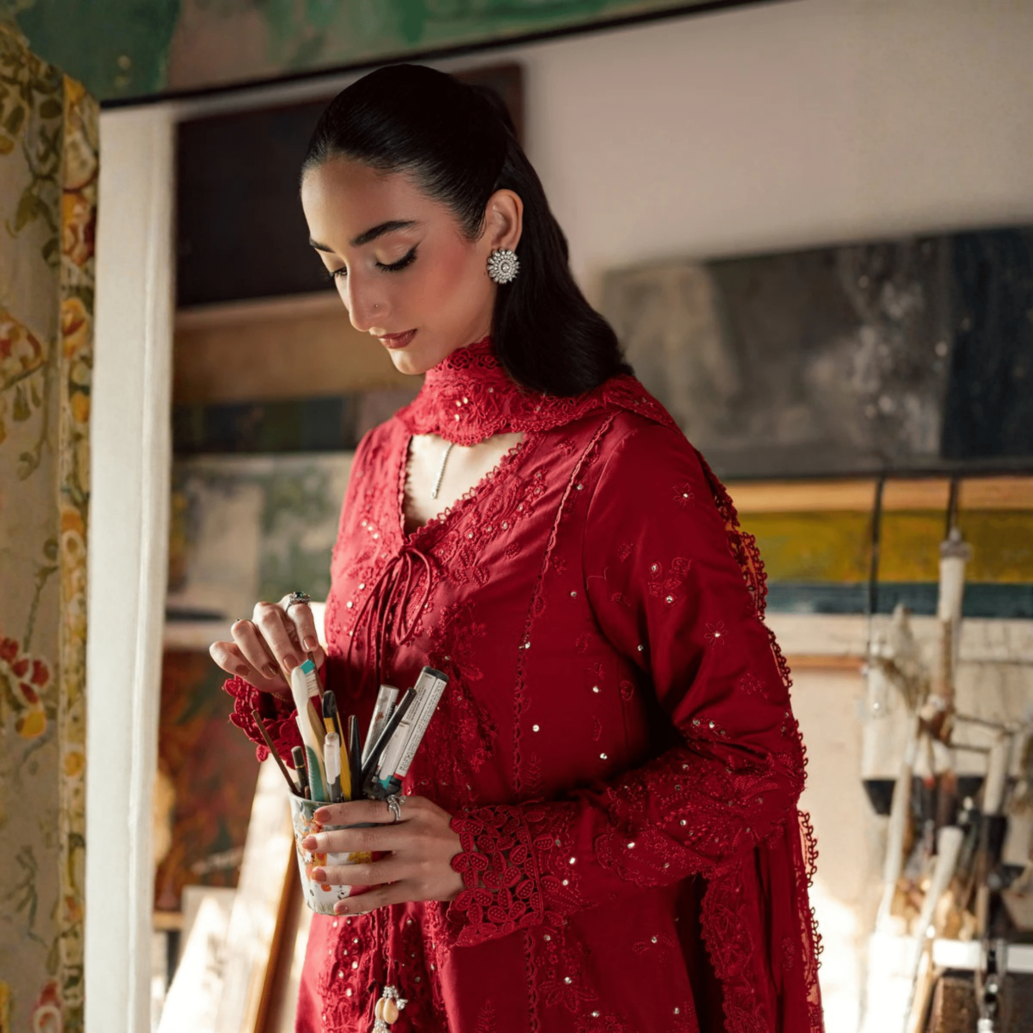 • Clothing: Embroidered/Printed suit for women - Made of best quality fabric - lawn or linen or chiffon - pure silk - Available at Najma Designs & Co. • Jewelry: Gold - plated stud earrings for