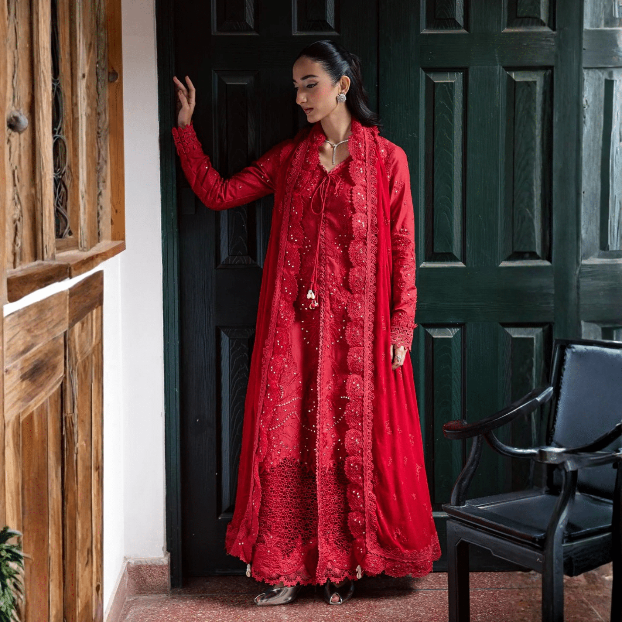 • Clothing: Embroidered/Printed suit for women - Made of best quality fabric - lawn or linen or chiffon - pure silk - Available at Najma Designs & Co. • Jewelry: Gold - plated stud earrings for