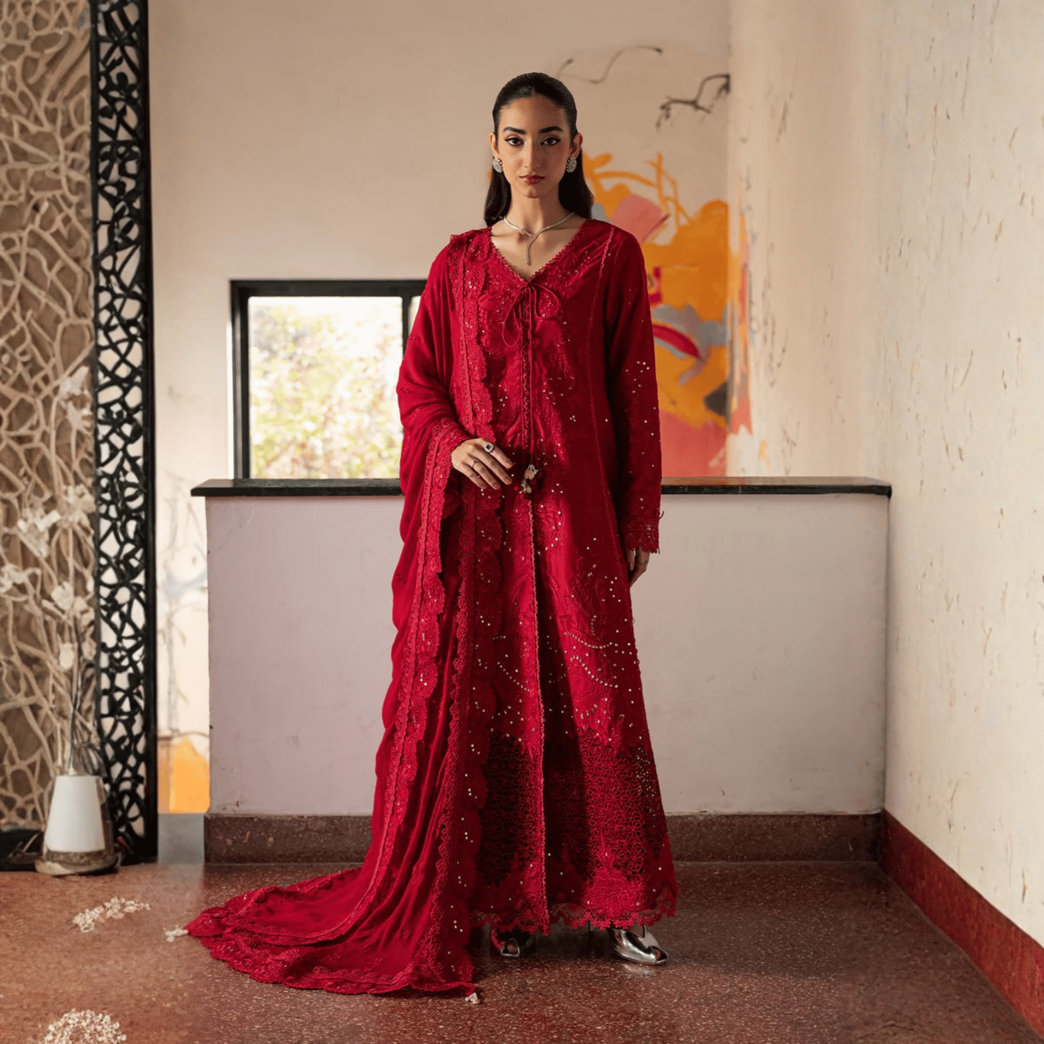 • Clothing: Embroidered/Printed suit for women - Made of best quality fabric - lawn or linen or chiffon - pure silk - Available at Najma Designs & Co. • Jewelry: Gold - plated stud earrings for