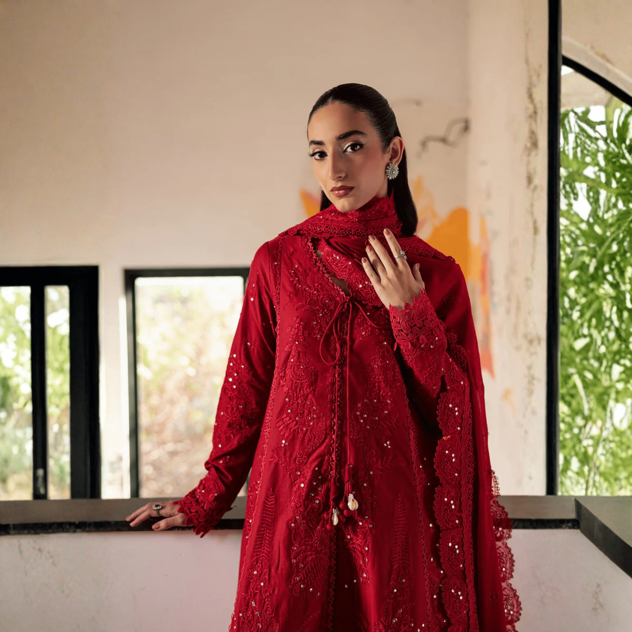 • Clothing: Embroidered/Printed suit for women - Made of best quality fabric - lawn or linen or chiffon - pure silk - Available at Najma Designs & Co. • Jewelry: Gold - plated stud earrings for