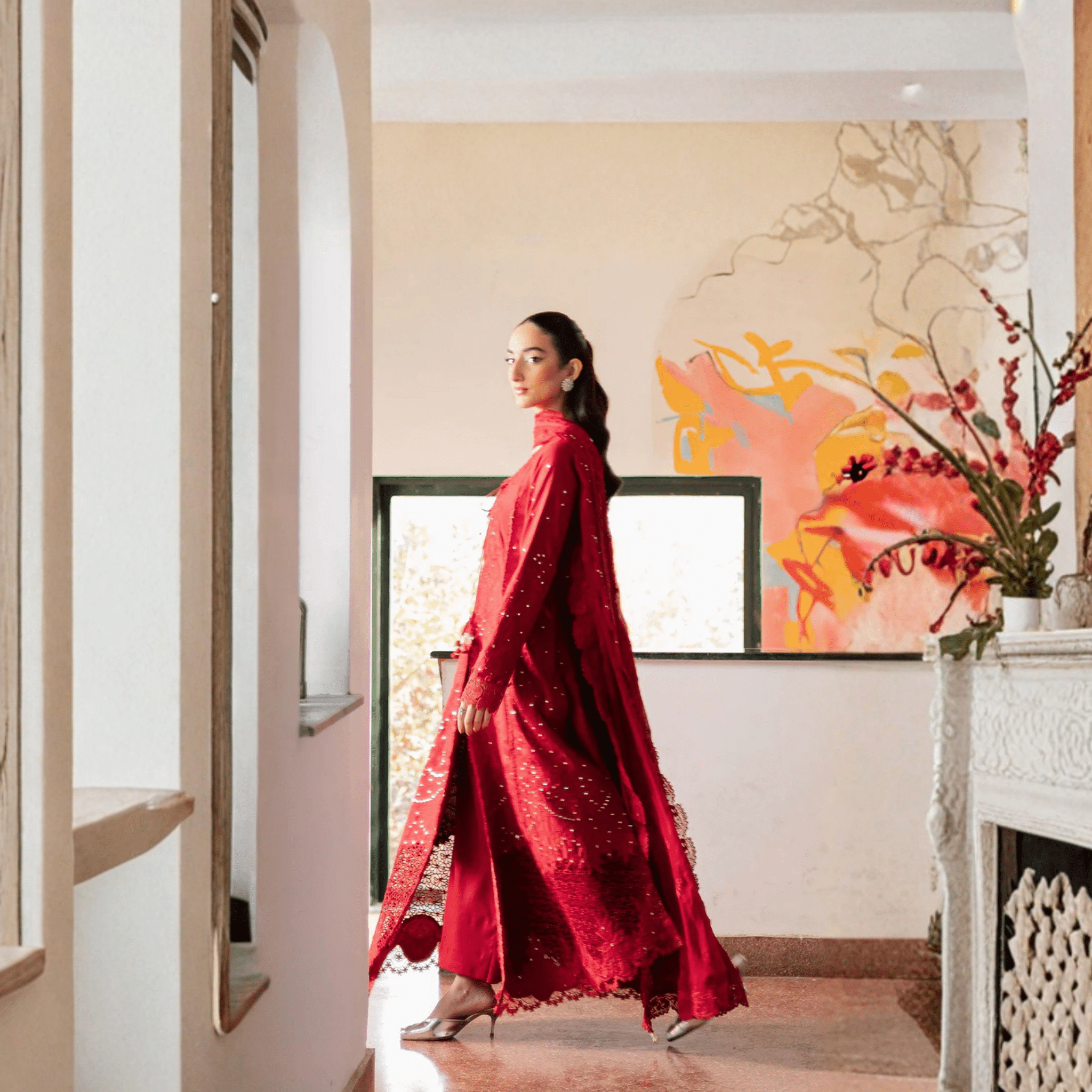 • Clothing: Embroidered/Printed suit for women - Made of best quality fabric - lawn or linen or chiffon - pure silk - Available at Najma Designs & Co. • Jewelry: Gold - plated stud earrings for