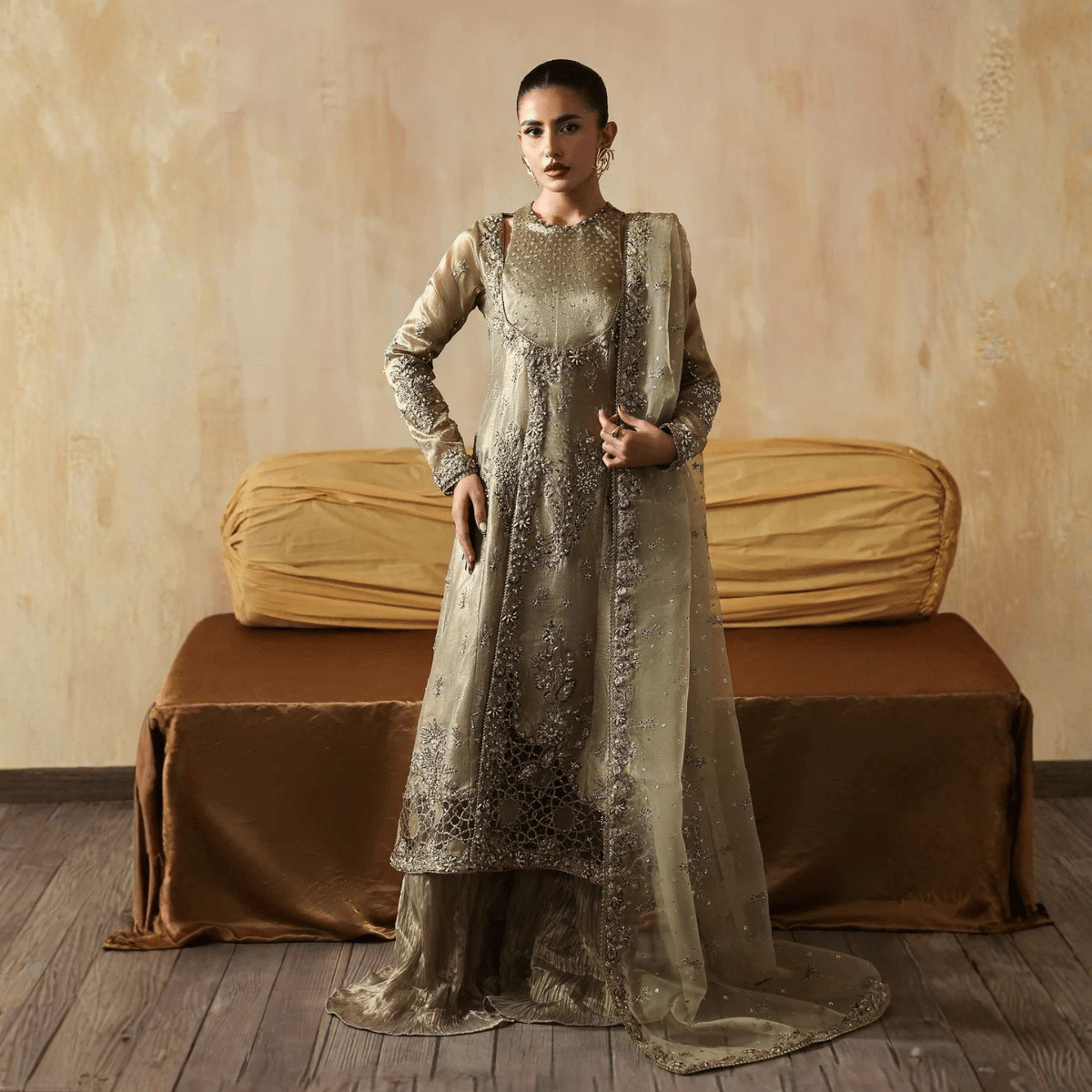 • Clothing: Embroidered/Printed suit for women - Made of best quality fabric - lawn or linen or chiffon - pure silk - Available at Najma Designs & Co. • Jewelry: Gold - plated stud earrings for