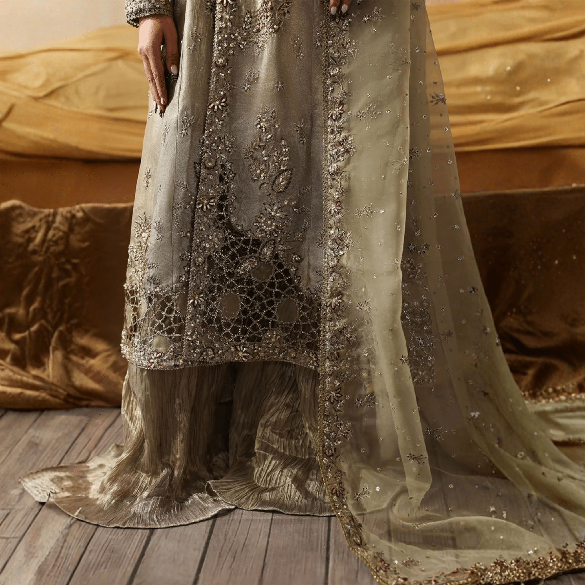 • Clothing: Embroidered/Printed suit for women - Made of best quality fabric - lawn or linen or chiffon - pure silk - Available at Najma Designs & Co. • Jewelry: Gold - plated stud earrings for