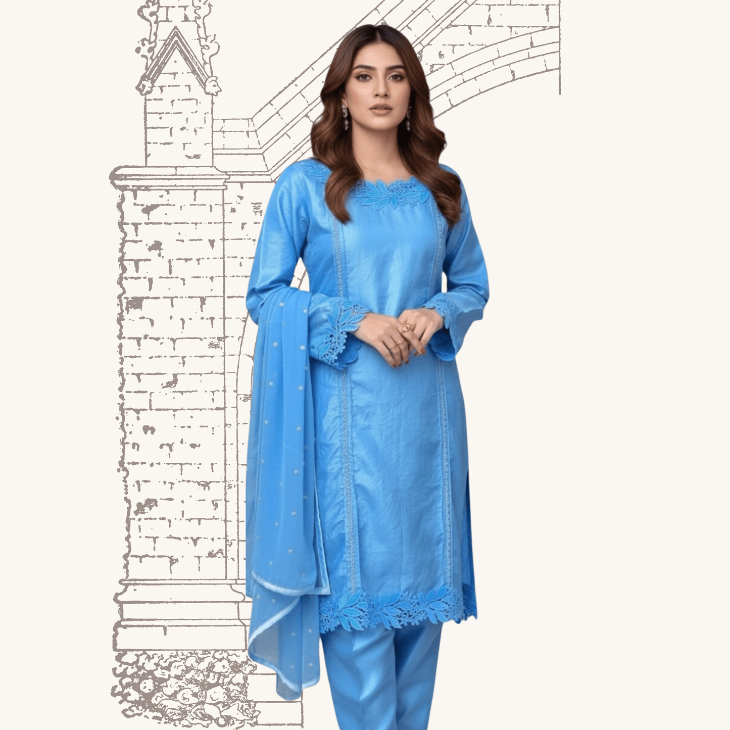 • Clothing: Embroidered/Printed suit for women - Made of best quality fabric - lawn or linen or chiffon - pure silk - Available at Najma Designs & Co. • Jewelry: Gold - plated stud earrings for