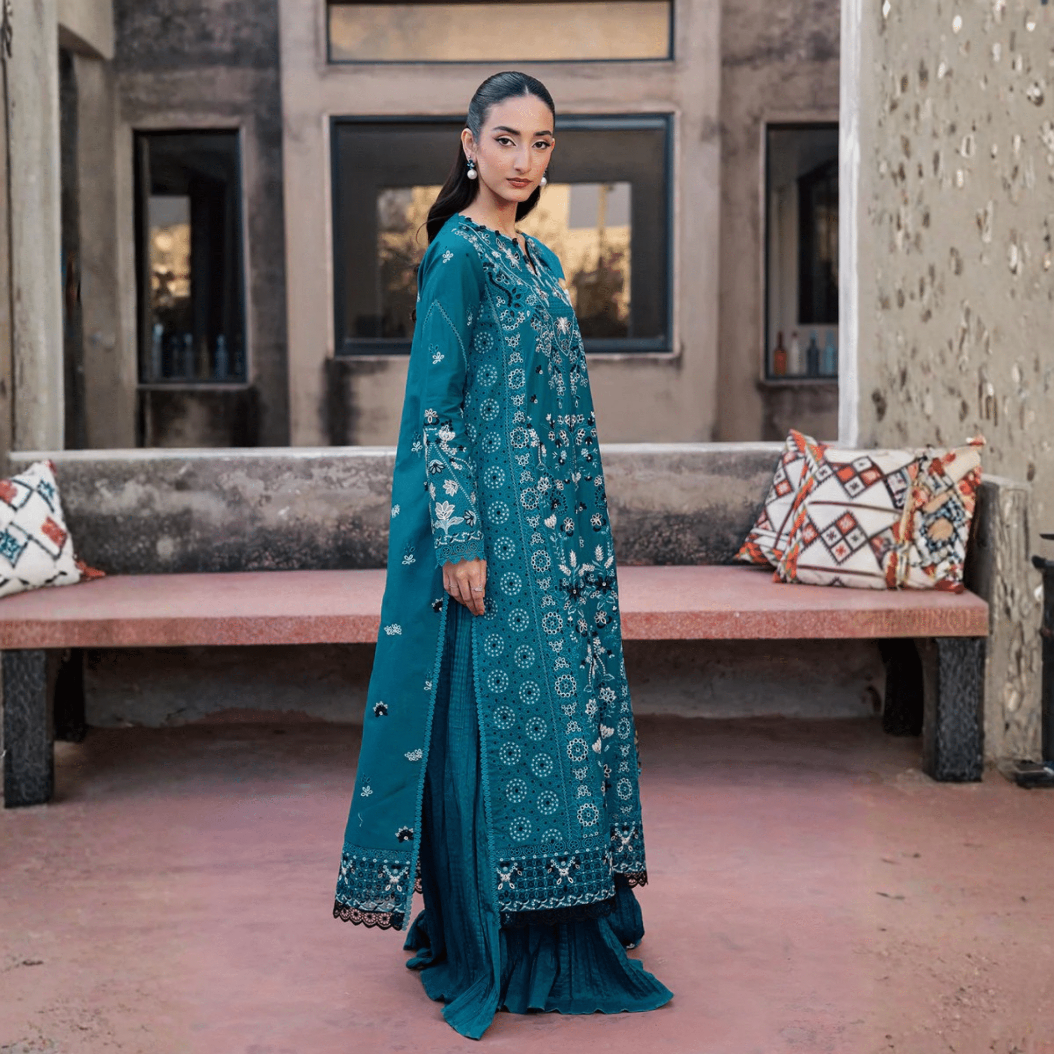 • Clothing: Embroidered/Printed suit for women - Made of best quality fabric - lawn or linen or chiffon - pure silk - Available at Najma Designs & Co. • Jewelry: Gold - plated stud earrings for