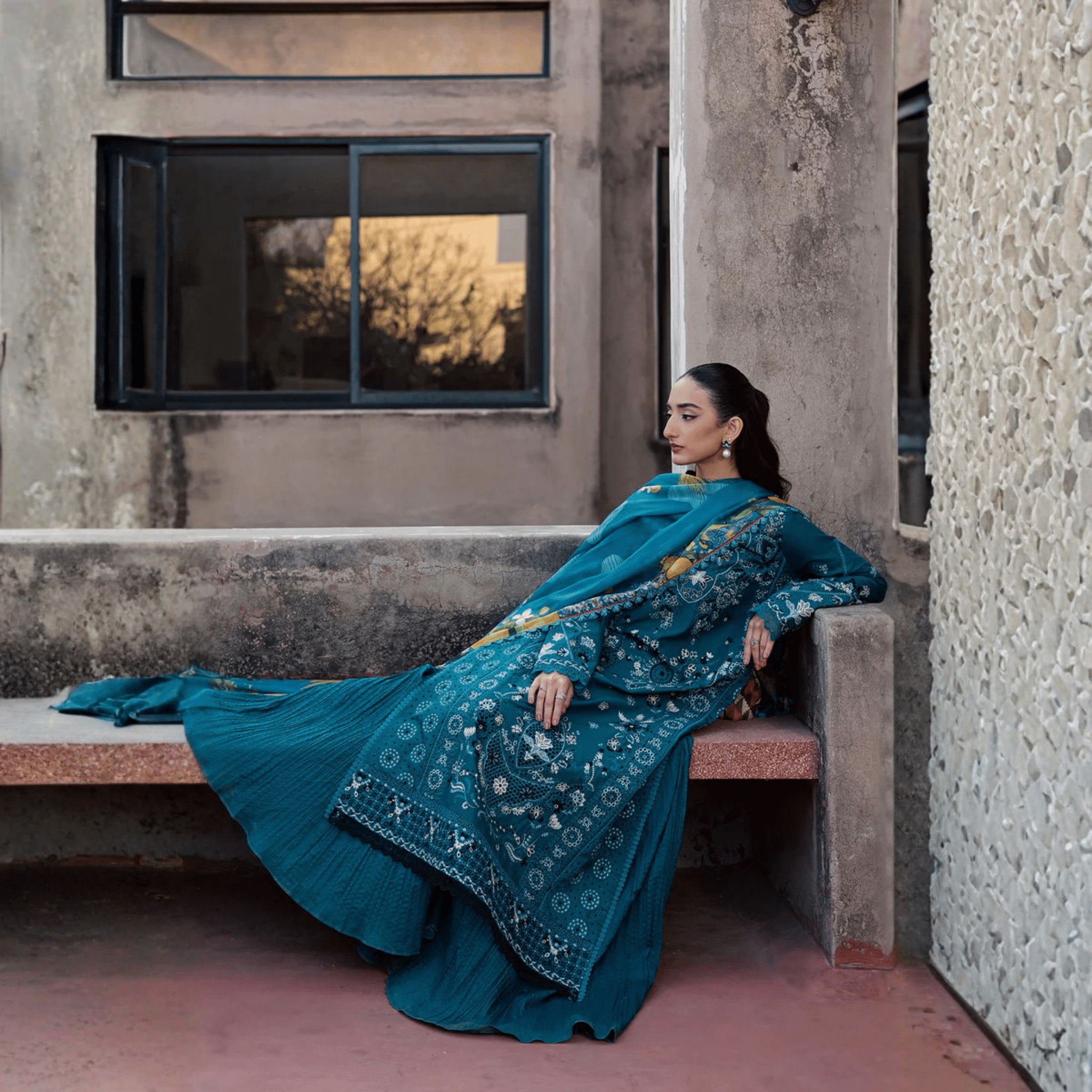 • Clothing: Embroidered/Printed suit for women - Made of best quality fabric - lawn or linen or chiffon - pure silk - Available at Najma Designs & Co. • Jewelry: Gold - plated stud earrings for