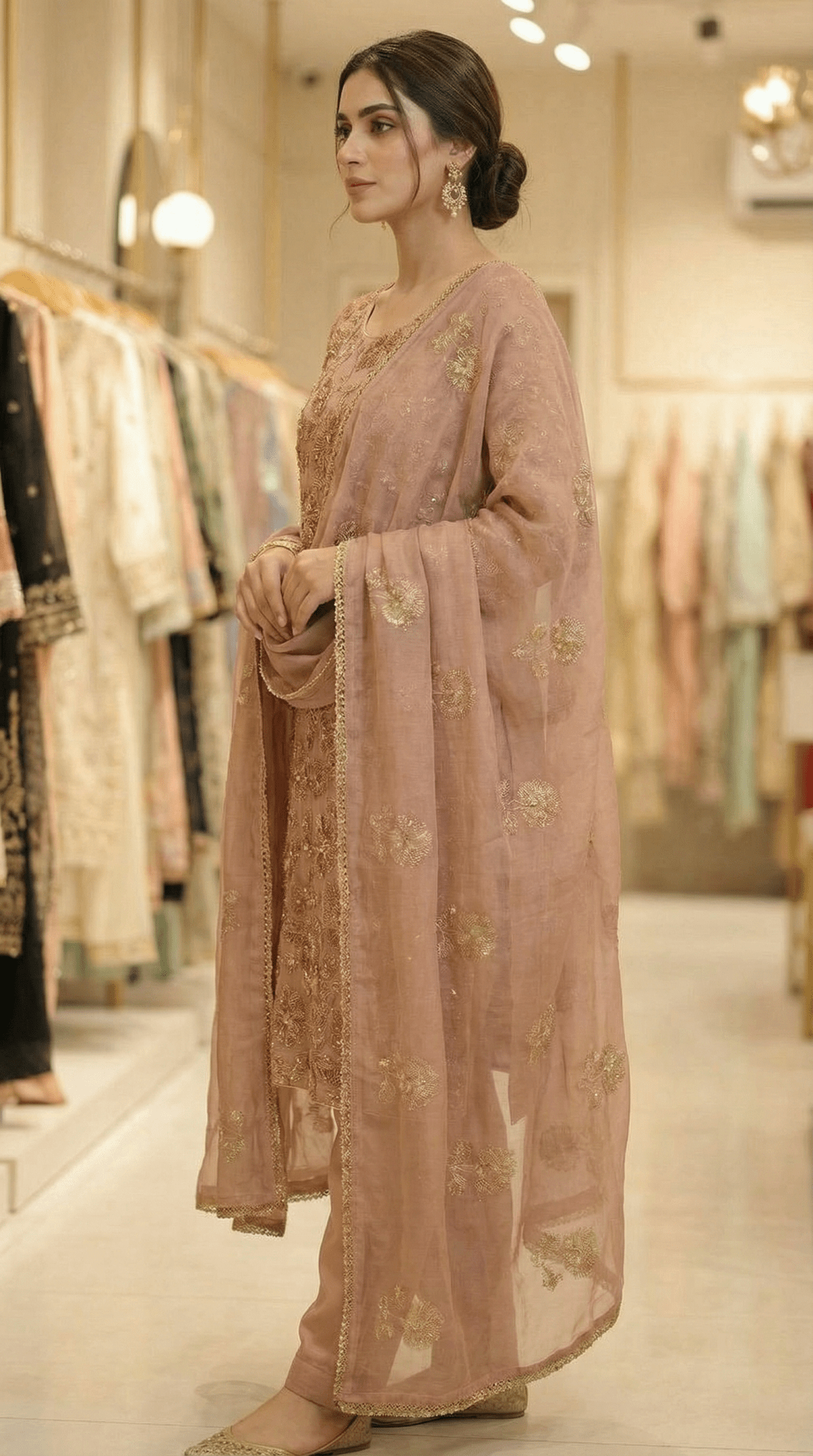 • Clothing: Embroidered/Printed suit for women - Made of best quality fabric - lawn or linen or chiffon - pure silk - Available at Najma Designs & Co. • Jewelry: Gold - plated stud earrings for